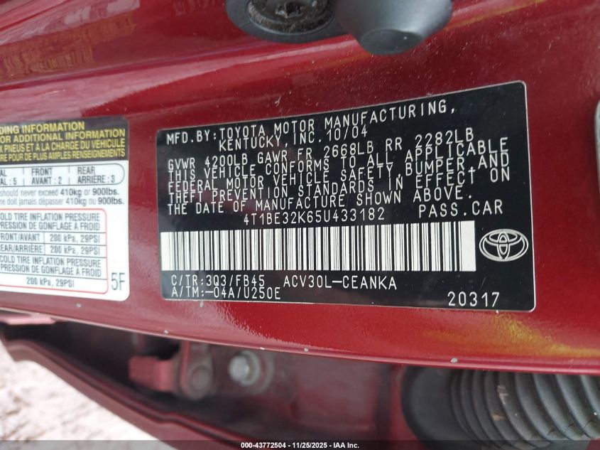 2005 Toyota Camry Le VIN: 4T1BE32K65U433182 Lot: 43772504