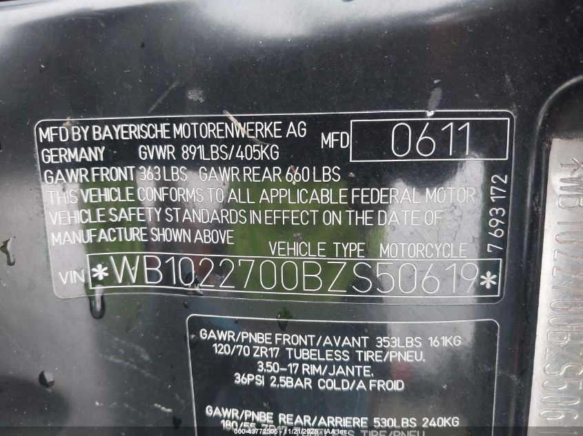 2011 BMW F800 R VIN: WB1022700BZS50619 Lot: 43772505