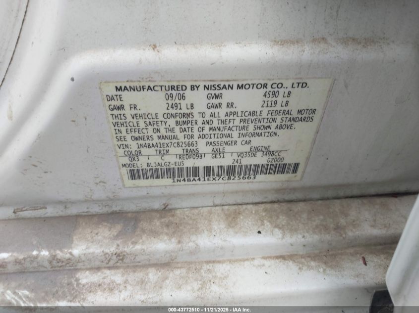 2007 Nissan Maxima 3.5 Sl VIN: 1N4BA41EX7C825663 Lot: 43772510