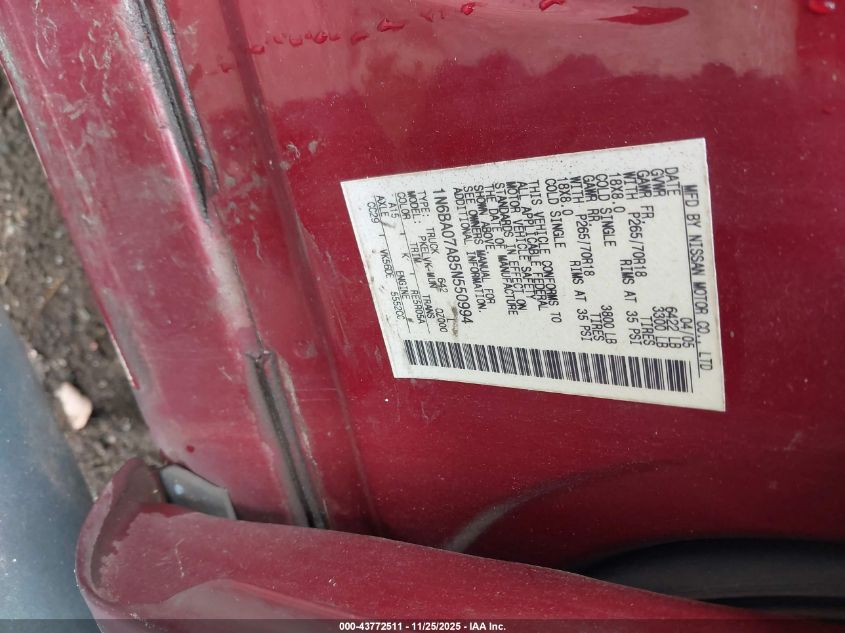 2005 Nissan Titan Le VIN: 1N6BA07A85N550994 Lot: 43772511