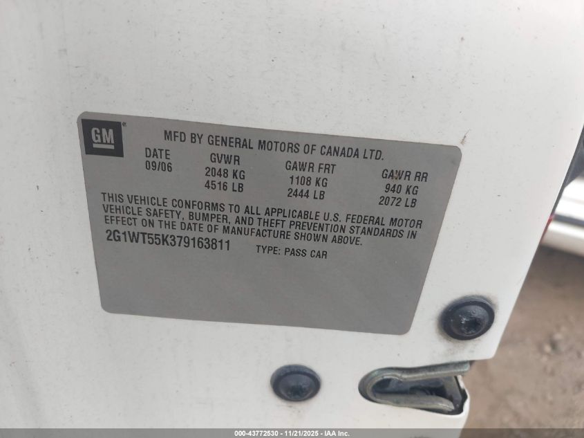 2007 Chevrolet Impala Lt VIN: 2G1WT55K379163811 Lot: 43772530