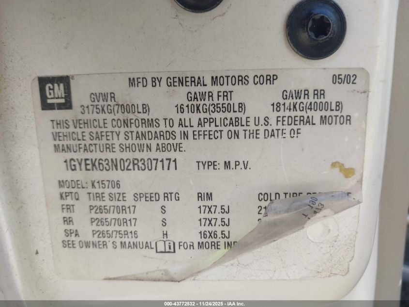 2002 Cadillac Escalade Standard VIN: 1GYEK63N02R307171 Lot: 43772532