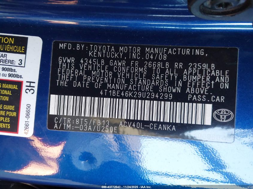 2009 Toyota Camry Le VIN: 4T1BE46K29U294299 Lot: 43772543