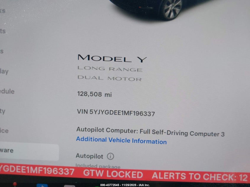 2021 Tesla Model Y Long Range Dual Motor All-Wheel Drive VIN: 5YJYGDEE1MF196337 Lot: 43772545