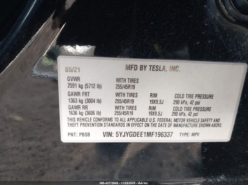 2021 Tesla Model Y Long Range Dual Motor All-Wheel Drive VIN: 5YJYGDEE1MF196337 Lot: 43772545