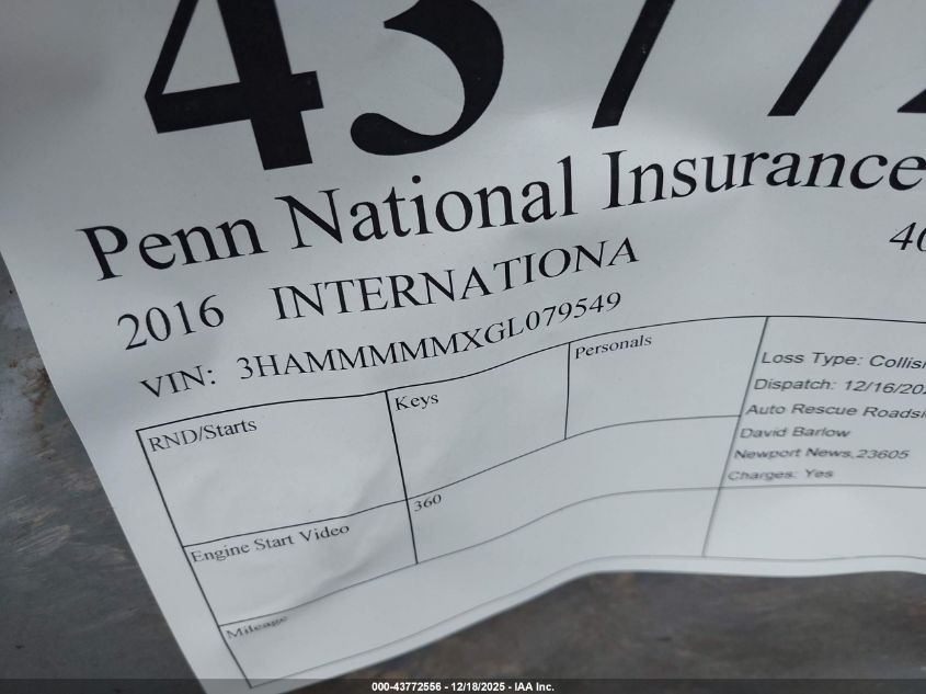2016 International 4000 4300 VIN: 3HAMMMMMXGL079549 Lot: 43772556