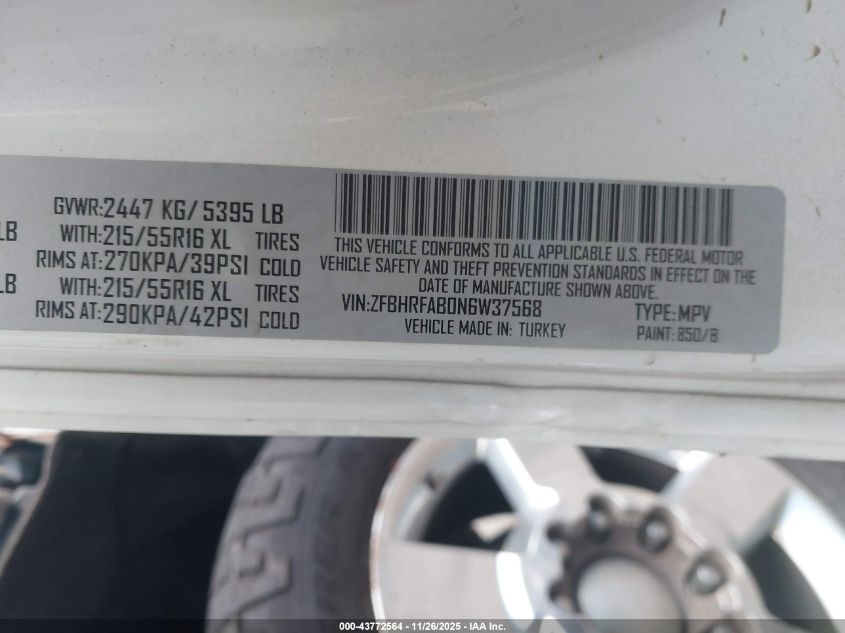 2022 Ram Promaster City Cargo Van VIN: ZFBHRFAB0N6W37568 Lot: 43772564