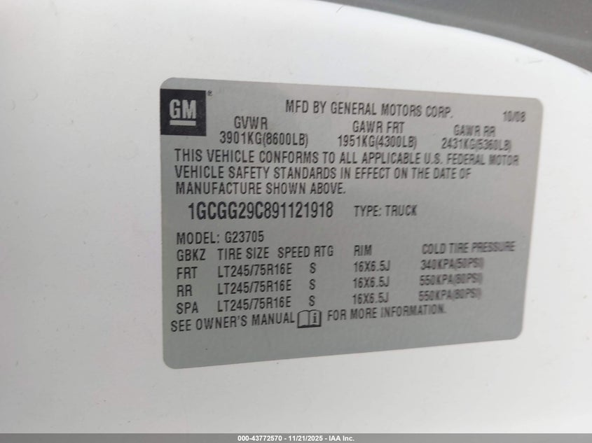 2009 Chevrolet Express 2500 Work Van VIN: 1GCGG29C891121918 Lot: 43772570