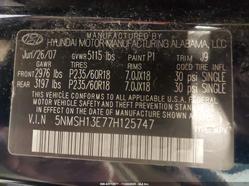 2007 Hyundai Santa Fe Limited/Se VIN: 5NMSH13E77H125747 Lot: 43772577