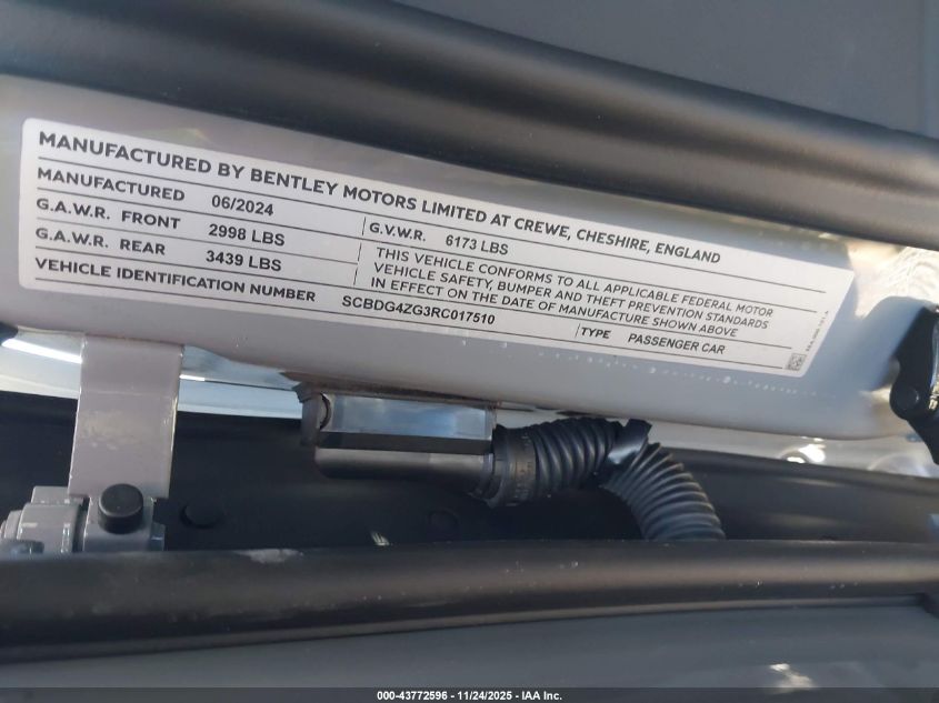 2024 Bentley Continental Gt A/Azure/Mulliner V8/S VIN: SCBDG4ZG3RC017510 Lot: 43772596
