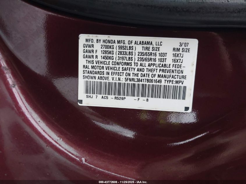 2007 Honda Odyssey Ex VIN: 5FNRL38417B061649 Lot: 43772606