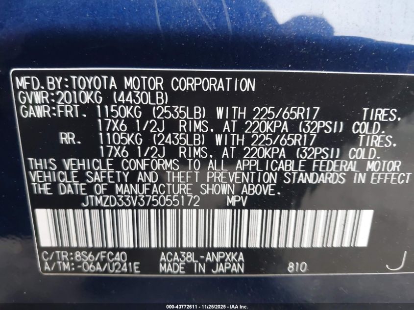 2007 Toyota Rav4 VIN: JTMZD33V375055172 Lot: 43772611