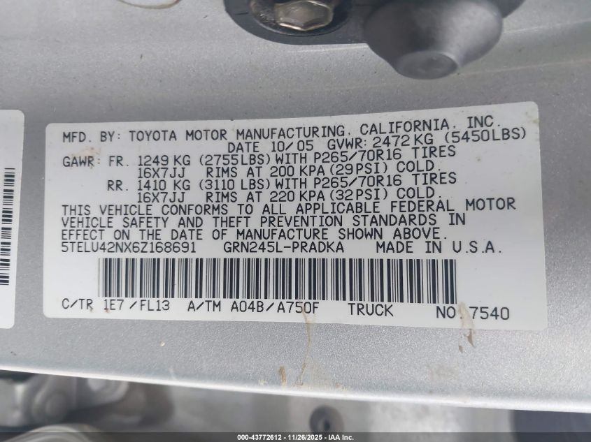 2006 Toyota Tacoma Base V6 VIN: 5TELU42NX6Z168691 Lot: 43772612