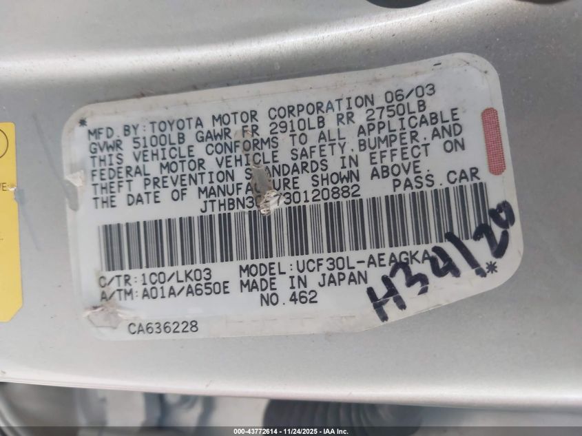 2003 Lexus Ls 430 VIN: JTHBN30F730120882 Lot: 43772614