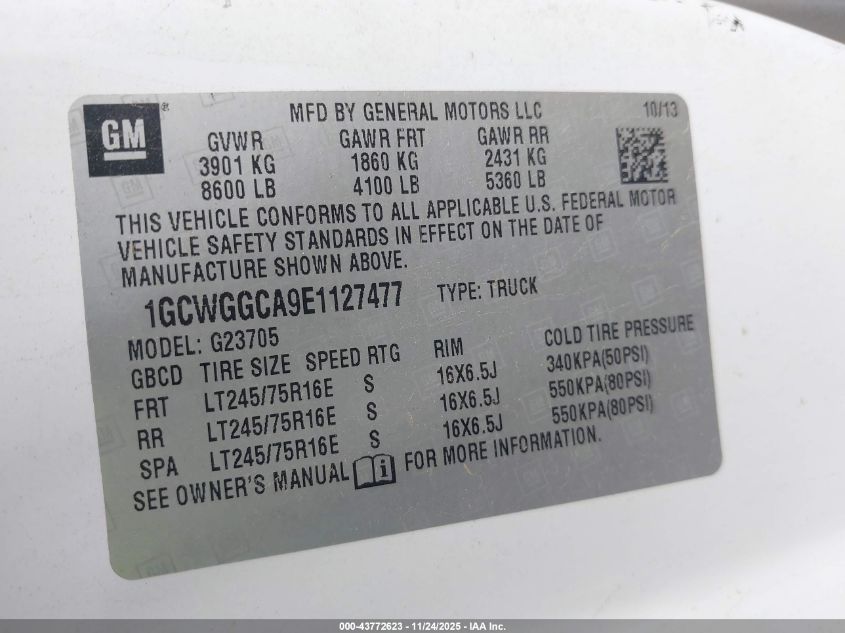 2014 Chevrolet Express 2500 Work Van VIN: 1GCWGGCA9E1127477 Lot: 43772623