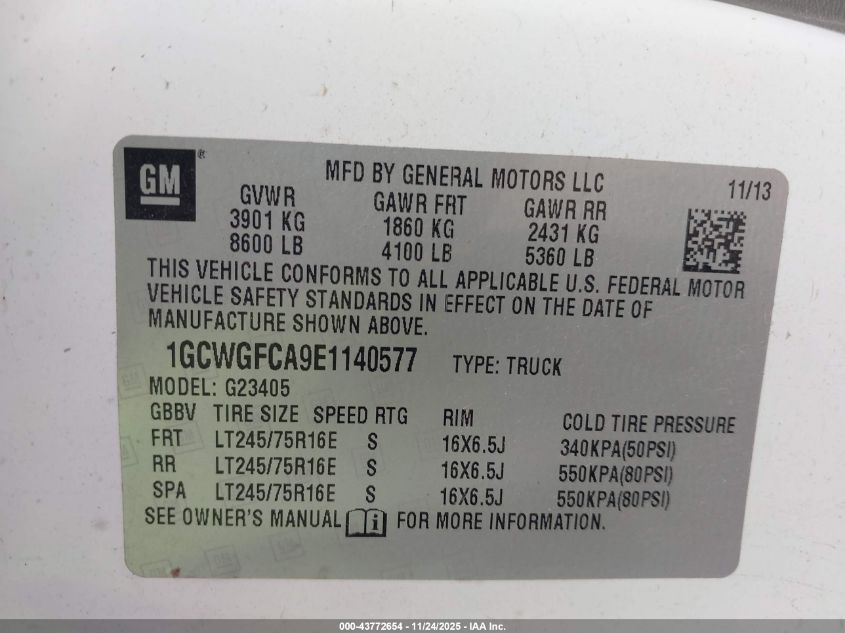 2014 Chevrolet Express 2500 Work Van VIN: 1GCWGFCA9E1140577 Lot: 43772654