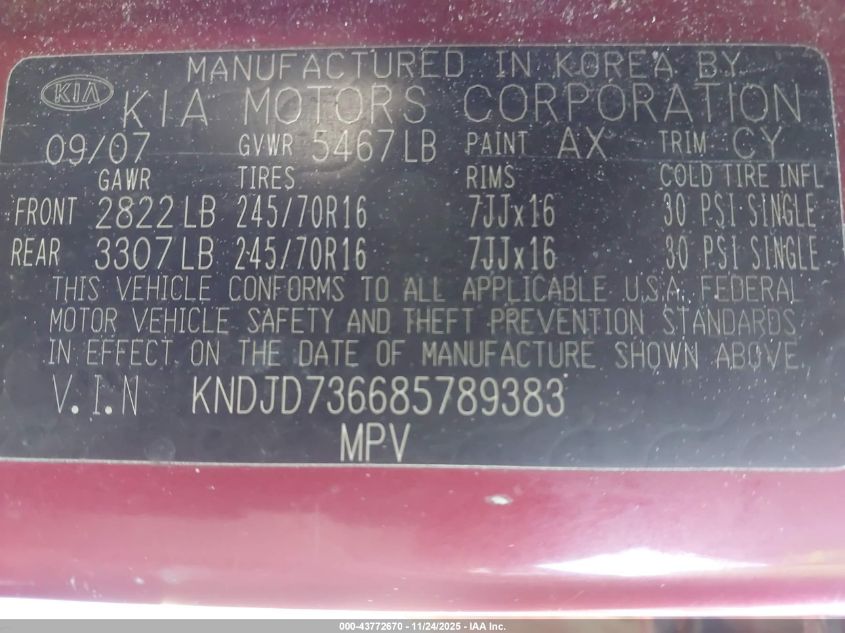 2008 Kia Sorento Ex VIN: KNDJD736685789383 Lot: 43772670