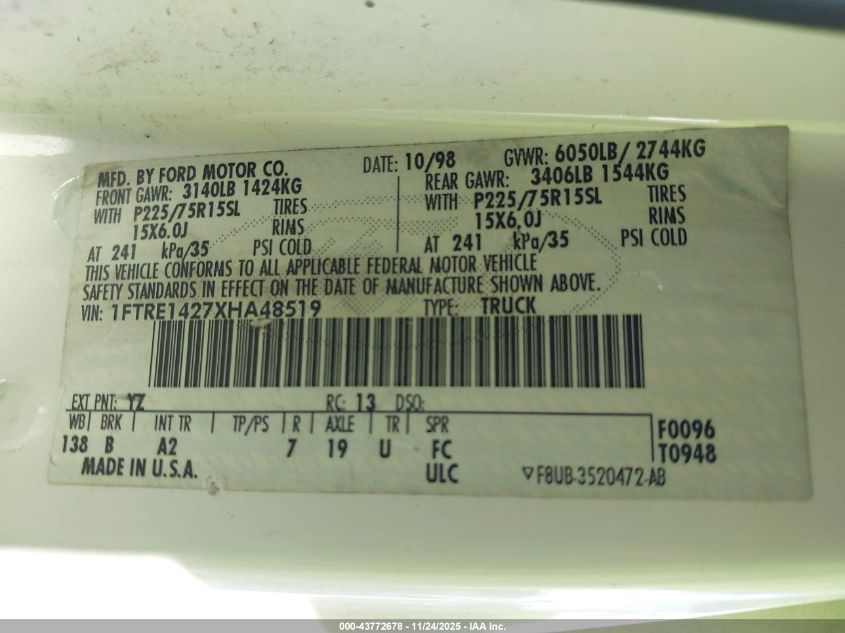 1999 Ford E-150 Commercial/Recreational VIN: 1FTRE1427XHA48519 Lot: 43772678