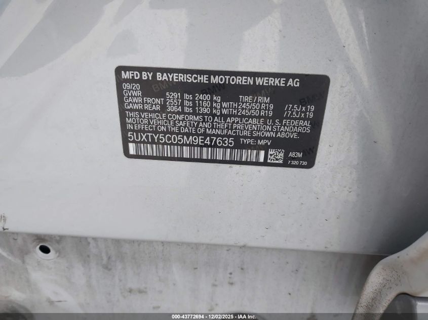 2021 BMW X3 xDrive30I VIN: 5UXTY5C05M9E47635 Lot: 43772694