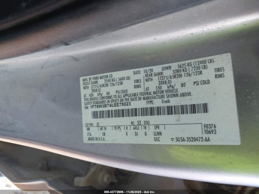 2020 Ford F-350 Lariat VIN: 1FT8W3BT4LEE75023 Lot: 43772696