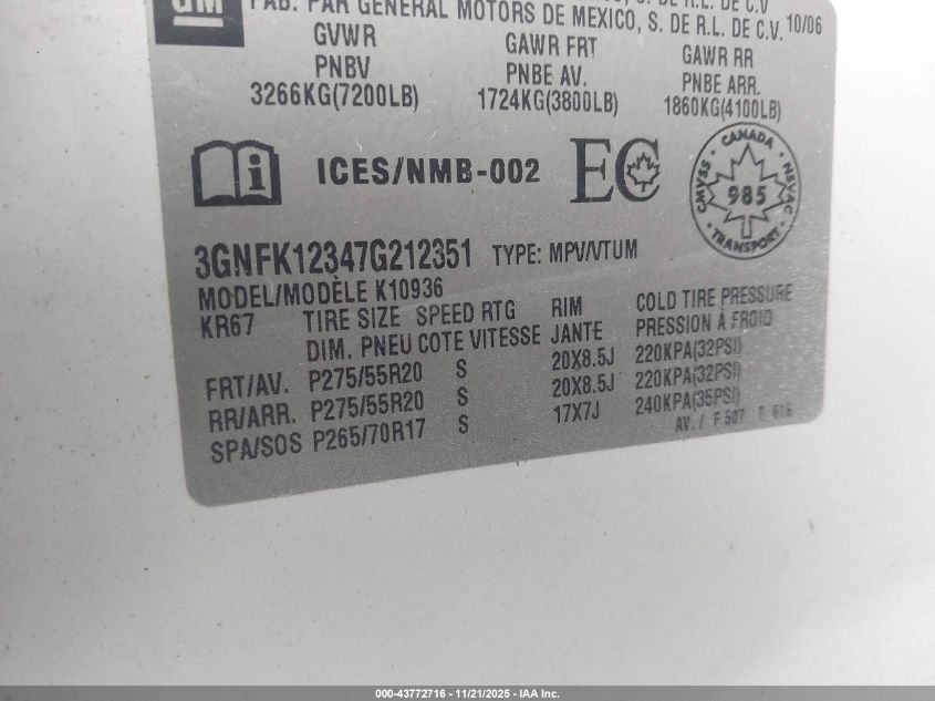 2007 Chevrolet Avalanche 1500 Ls/Lt/Ltz VIN: 3GNFK12347G212351 Lot: 43772716