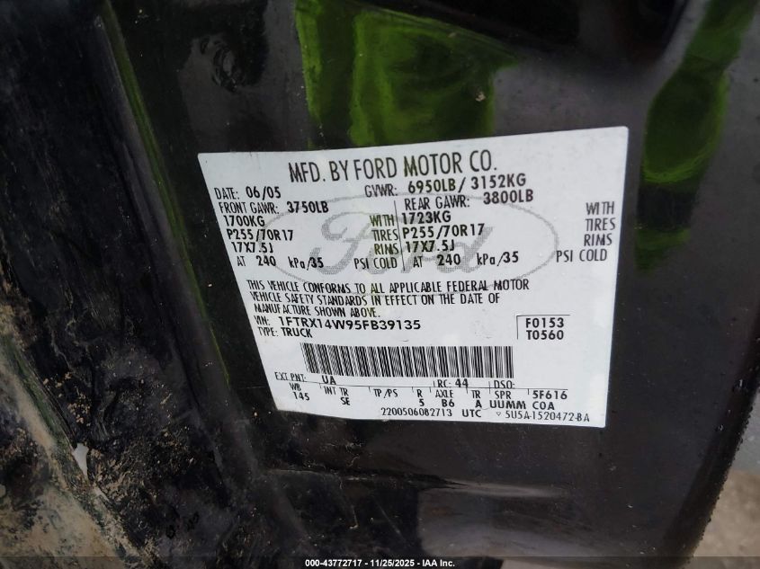 2005 Ford F-150 Stx/Xl/Xlt VIN: 1FTRX14W95FB39135 Lot: 43772717