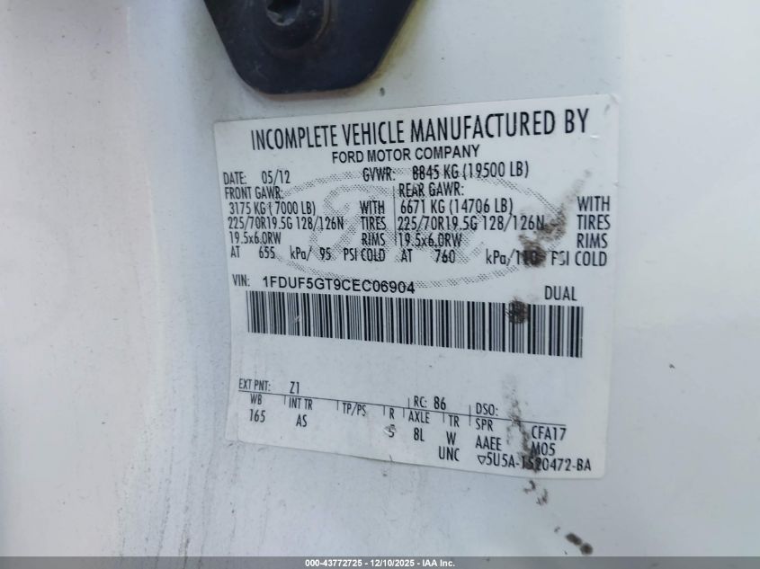 2012 Ford F-550 Chassis Xl VIN: 1FDUF5GT9CEC06904 Lot: 43772725