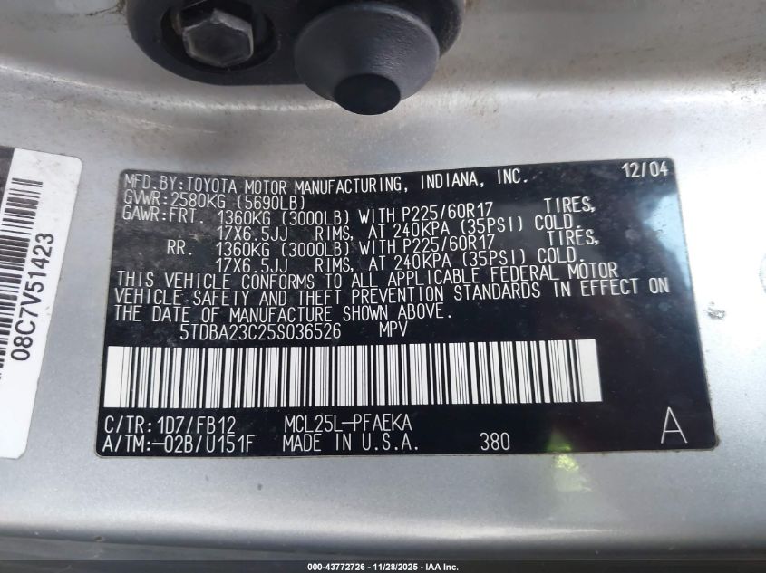 2005 Toyota Sienna Le VIN: 5TDBA23C25S036526 Lot: 43772726