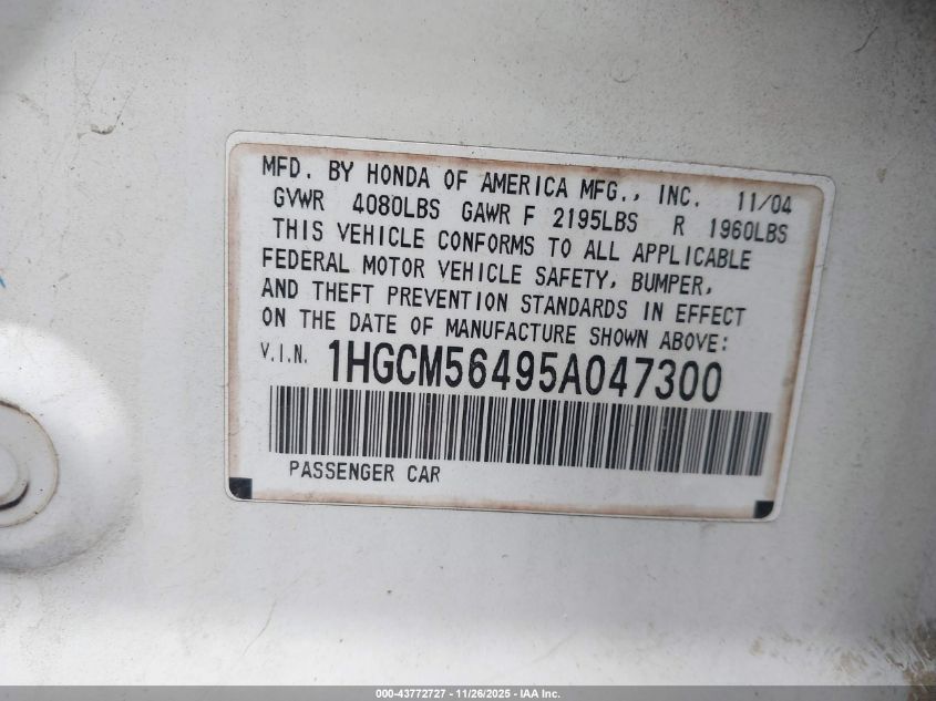 2005 Honda Accord 2.4 Lx VIN: 1HGCM56495A047300 Lot: 43772727