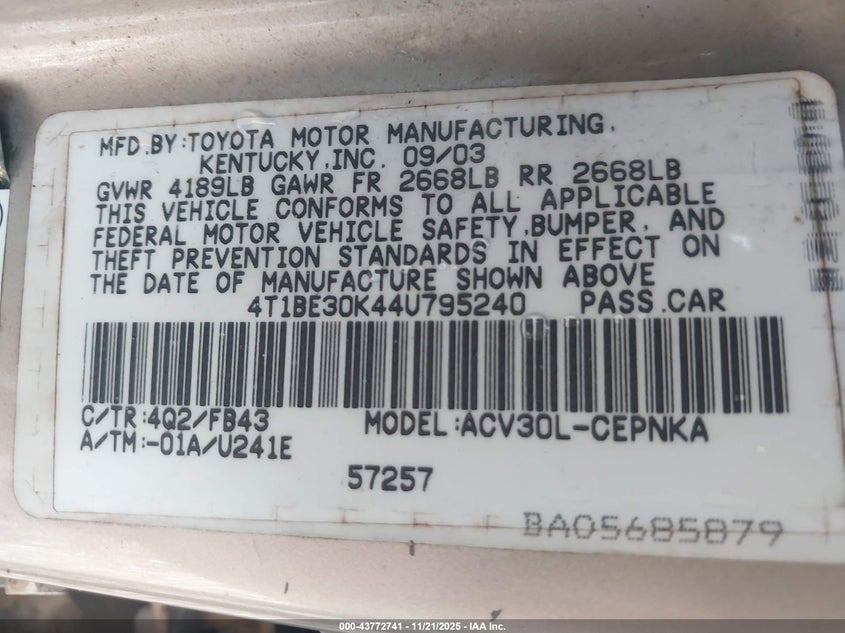 4T1BE30K44U795240 2004 TOYOTA CAMRY photo no. 9