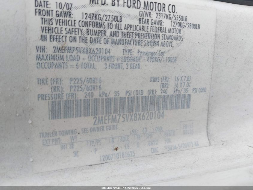 2008 Mercury Grand Marquis Ls VIN: 2MEFM75VX8X620104 Lot: 43772743