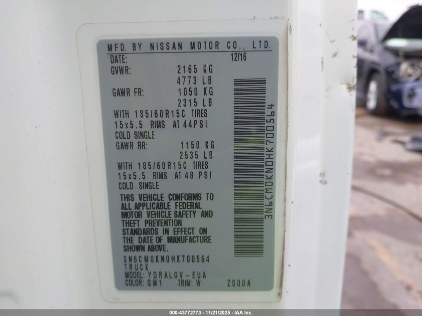 2017 Nissan Nv200 Sv VIN: 3N6CM0KN0HK700564 Lot: 43772773