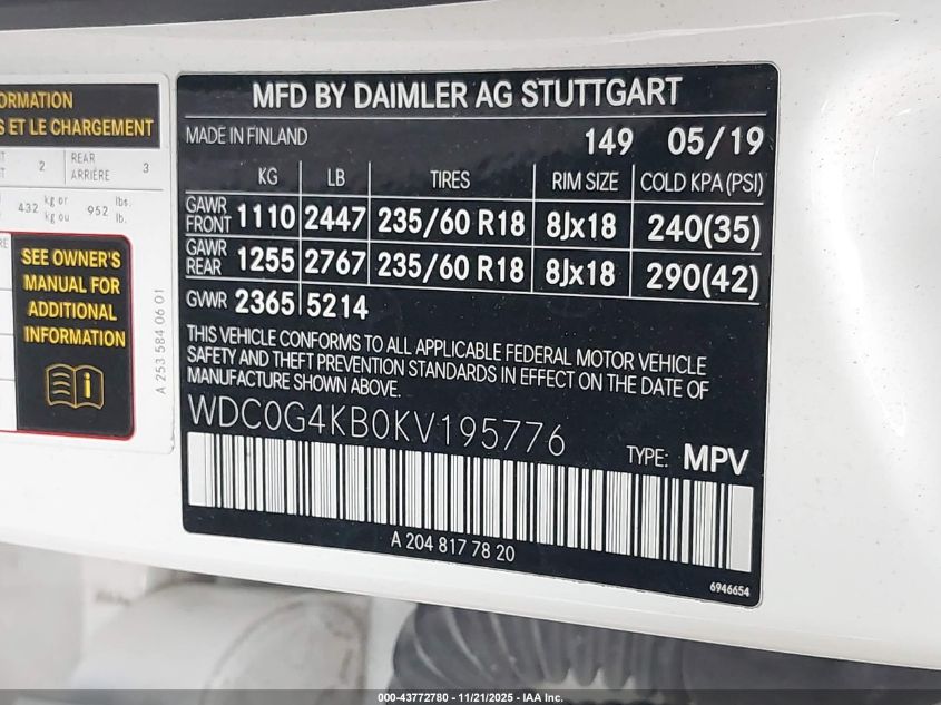 2019 Mercedes-Benz Glc 300 4Matic VIN: WDC0G4KB0KV195776 Lot: 43772780