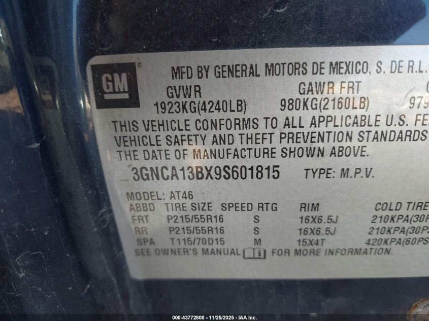 2009 Chevrolet Hhr Ls VIN: 3GNCA13BX9S601815 Lot: 43772808