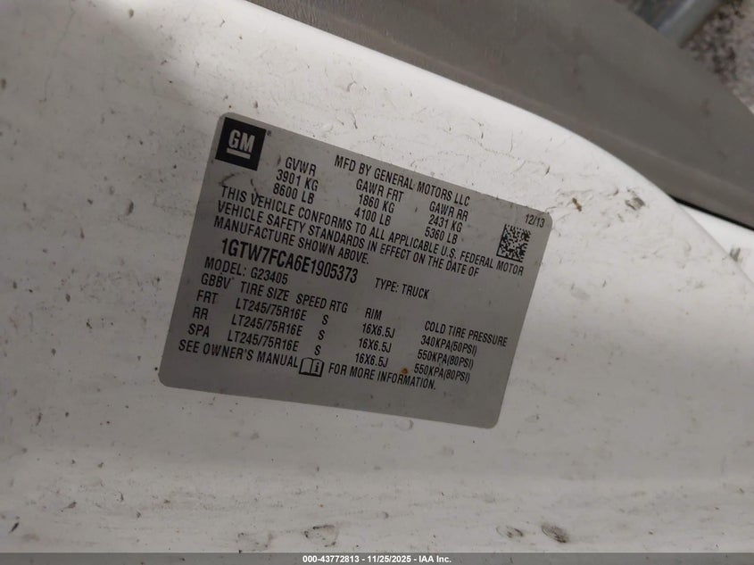 2014 GMC Savana 2500 Work Van VIN: 1GTW7FCA6E1905373 Lot: 43772813