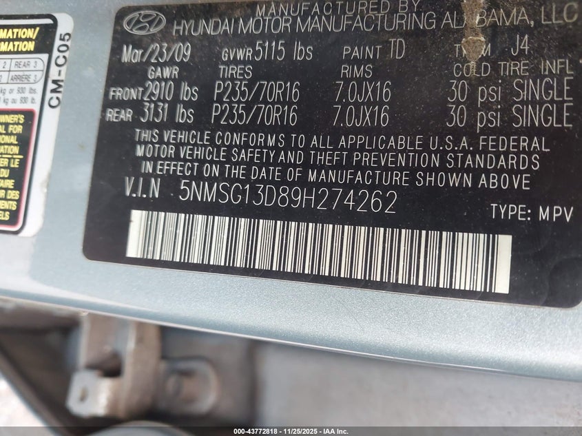 2009 Hyundai Santa Fe Gls VIN: 5NMSG13D89H274262 Lot: 43772818