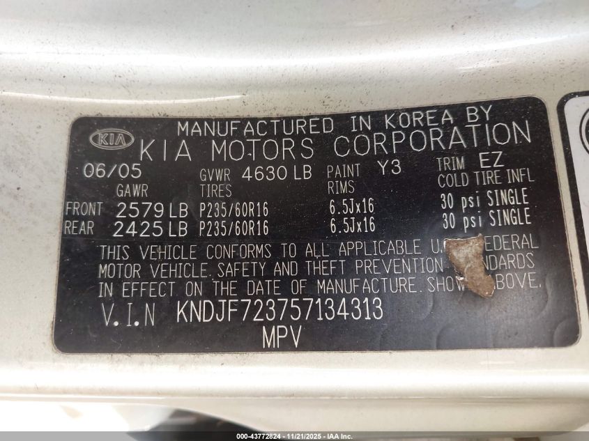 2005 Kia Sportage Ex V6/Lx V6 VIN: KNDJF723757134313 Lot: 43772824