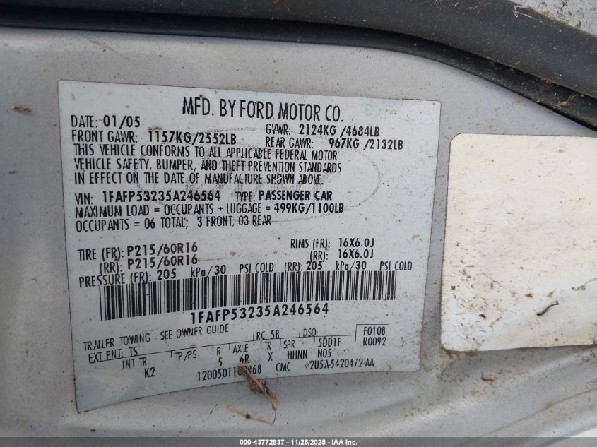 2005 Ford Taurus Se VIN: 1FAFP53235A246564 Lot: 43772837