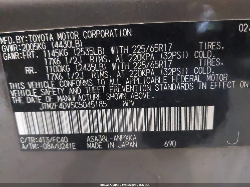 2012 Toyota Rav4 VIN: JTMZF4DV5C5045185 Lot: 43772856