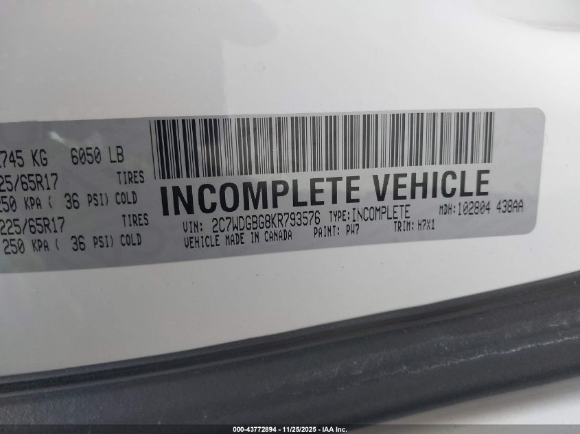 2019 Dodge Grand Caravan Se VIN: 2C7WDGBG8KR793576 Lot: 43772894