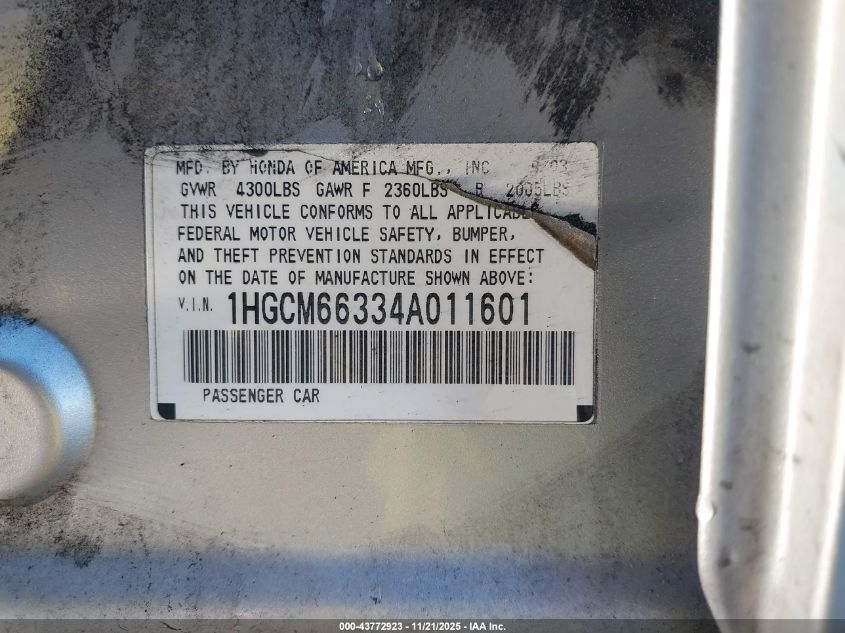 2004 Honda Accord 3.0 Lx VIN: 1HGCM66334A011601 Lot: 43772923