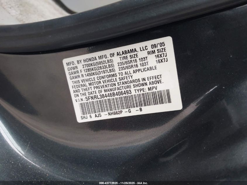 2006 Honda Odyssey Ex VIN: 5FNRL38446B406493 Lot: 43772925