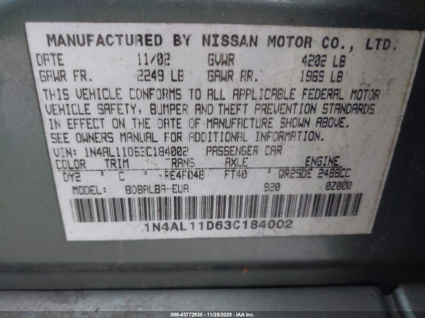 2003 Nissan Altima 2.5 S VIN: 1N4AL11D63C184002 Lot: 43772930