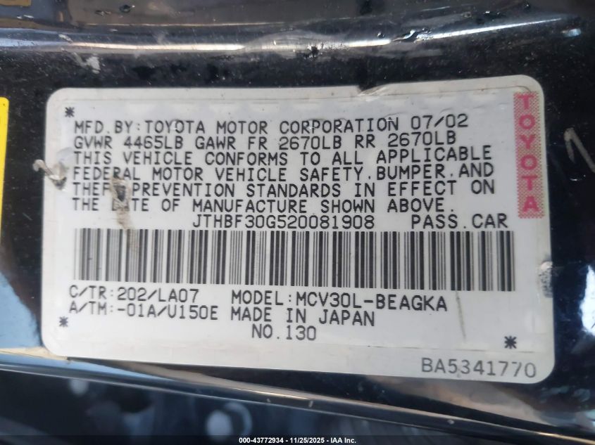 2002 Lexus Es 300 VIN: JTHBF30G520081908 Lot: 43772934