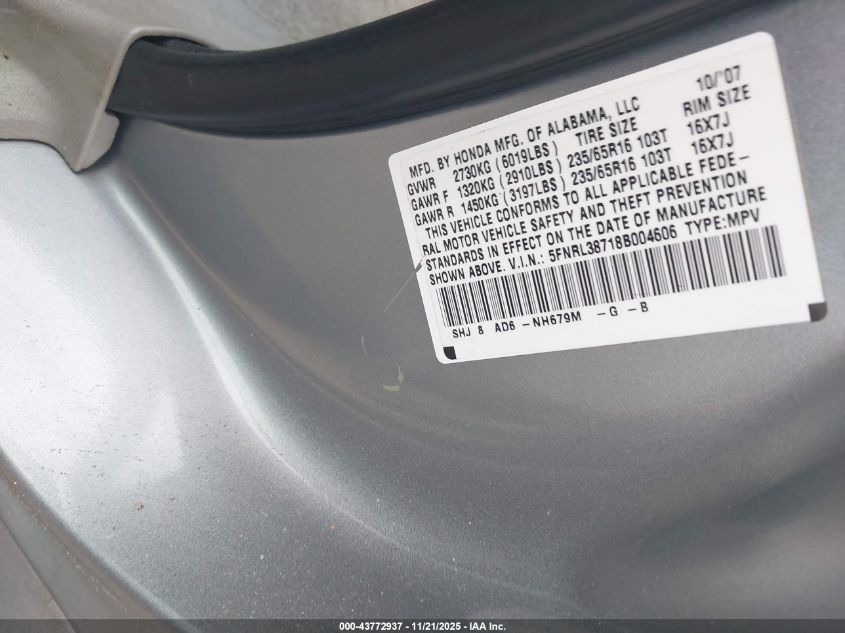 2008 Honda Odyssey Ex-L VIN: 5FNRL38718B004606 Lot: 43772937