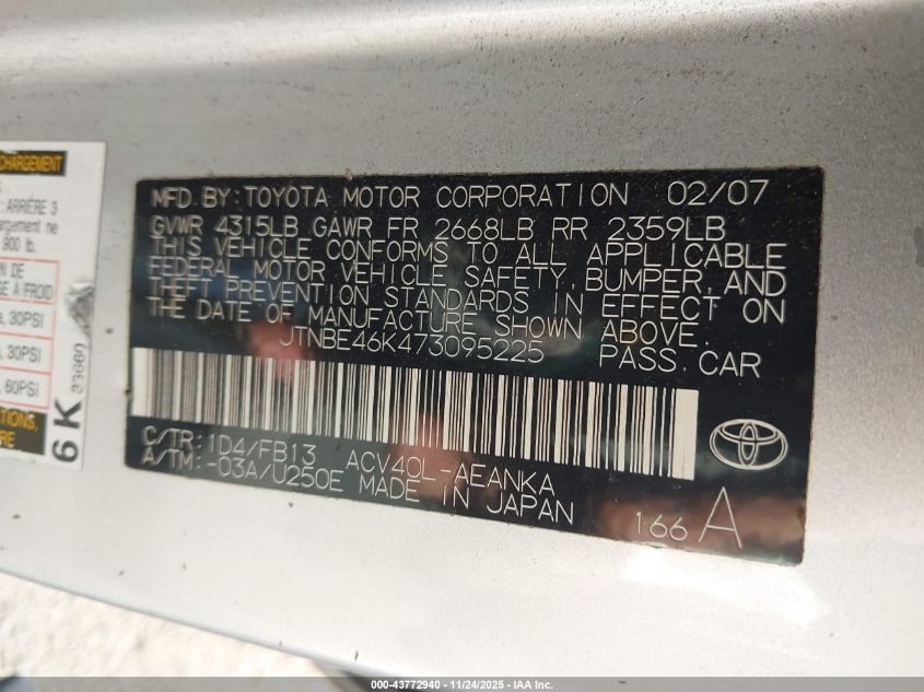 2007 Toyota Camry Ce/Le/Se/Xle VIN: JTNBE46K473095225 Lot: 43772940