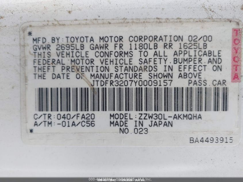 2000 Toyota Mr2 Spyder VIN: JTDFR3207Y0009157 Lot: 43772942