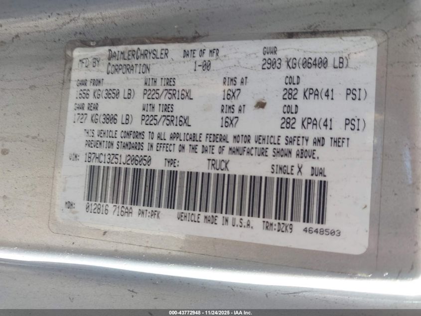 2001 Dodge Ram 1500 St VIN: 1B7HC13Z51J206050 Lot: 43772948