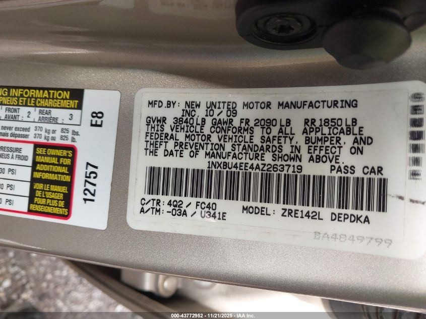 2010 Toyota Corolla Le VIN: 1NXBU4EE4AZ263719 Lot: 43772952