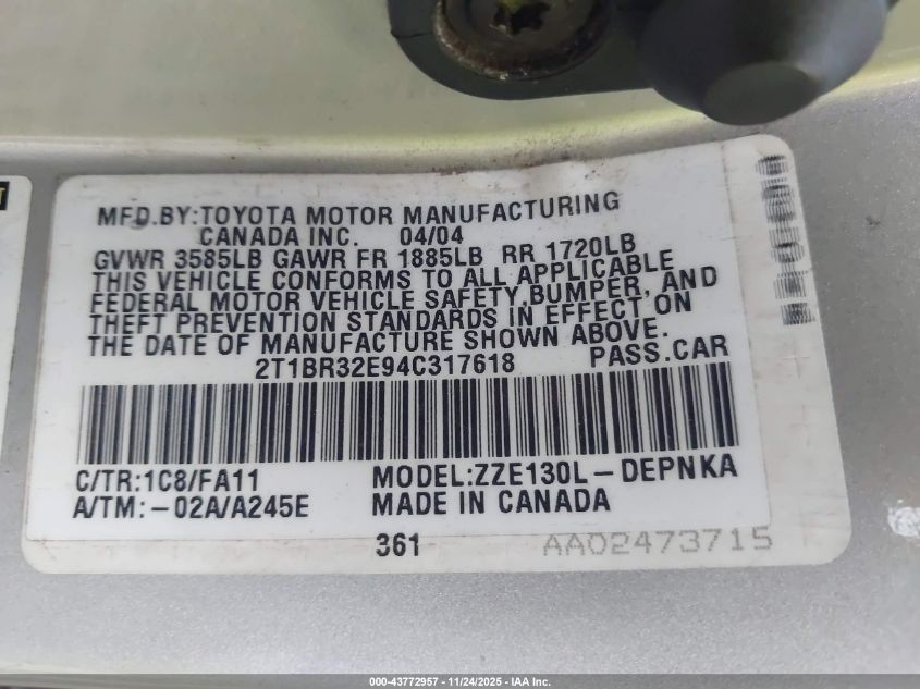 2004 Toyota Corolla Le VIN: 2T1BR32E94C317618 Lot: 43772957